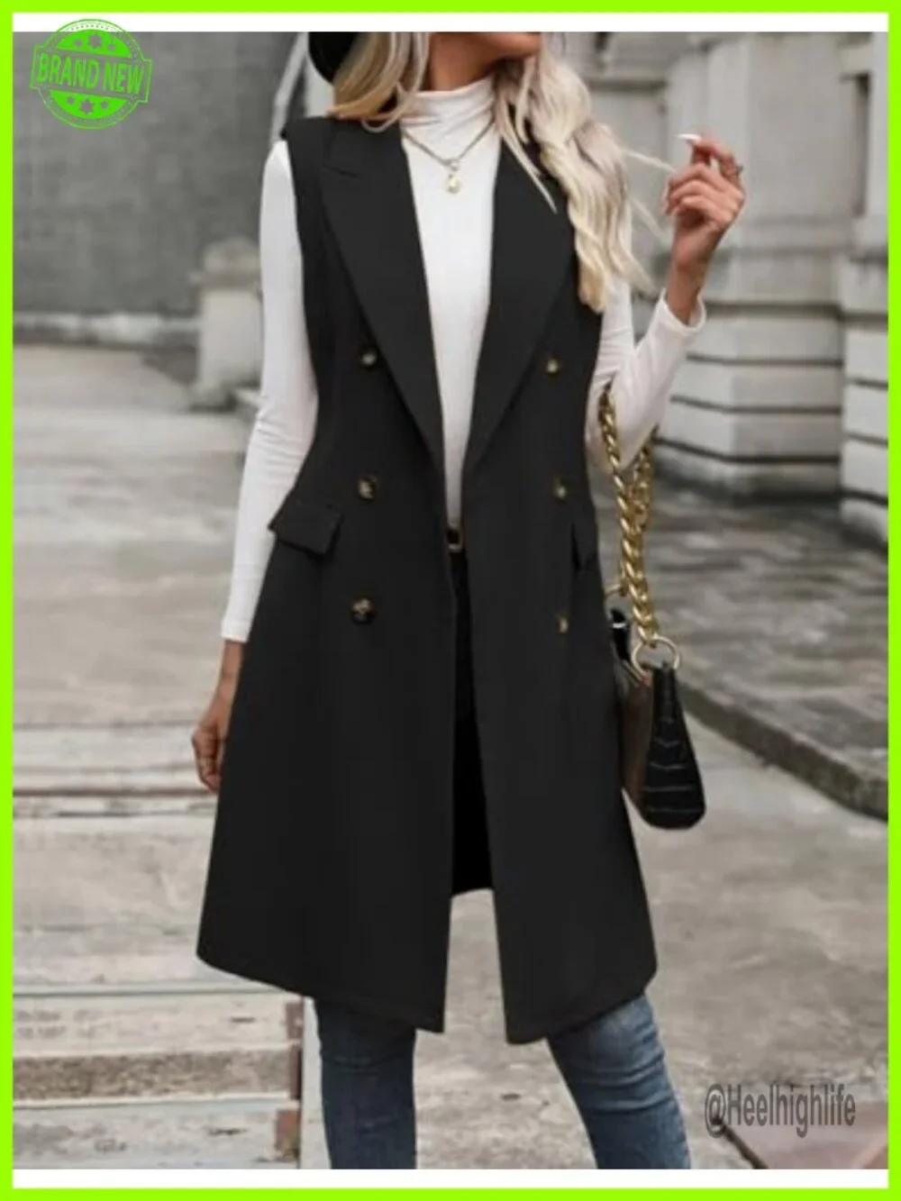 Sleeveless Long Wool Blazer Vest Double Breasted Notch Lapel